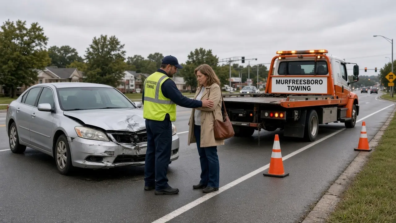 A woman and a man stand with a silver sedan after a roadside stop, a yellow tow truck pulled in behind them