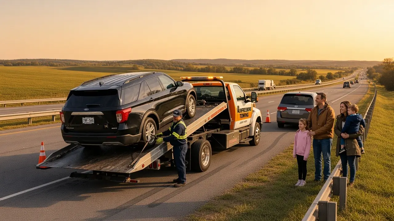 A woman and a man stand beside their silver sedan on the roadside while a yellow tow truck waits to help