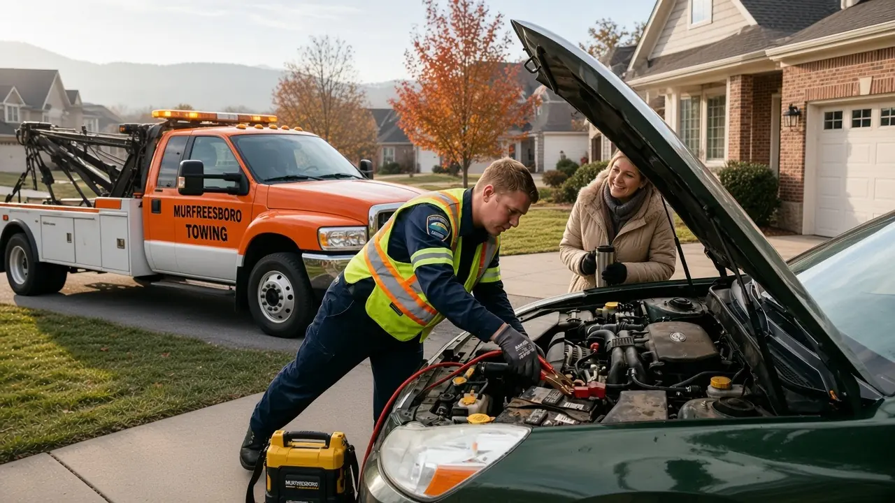 A woman and a man at the open hood of a silver sedan while a yellow truck prepares a jump start