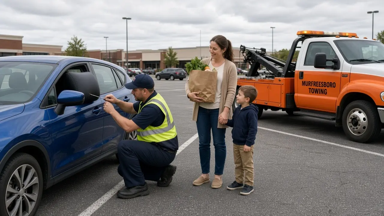 A woman and a man at the door of a locked silver sedan, a yellow service truck pulled up behind them
