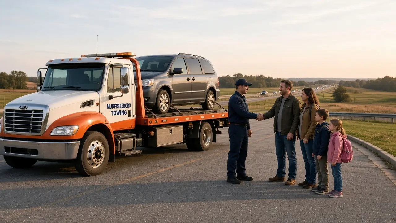 A woman and a man with a silver sedan on an open road, a yellow tow truck beside them for a longer haul