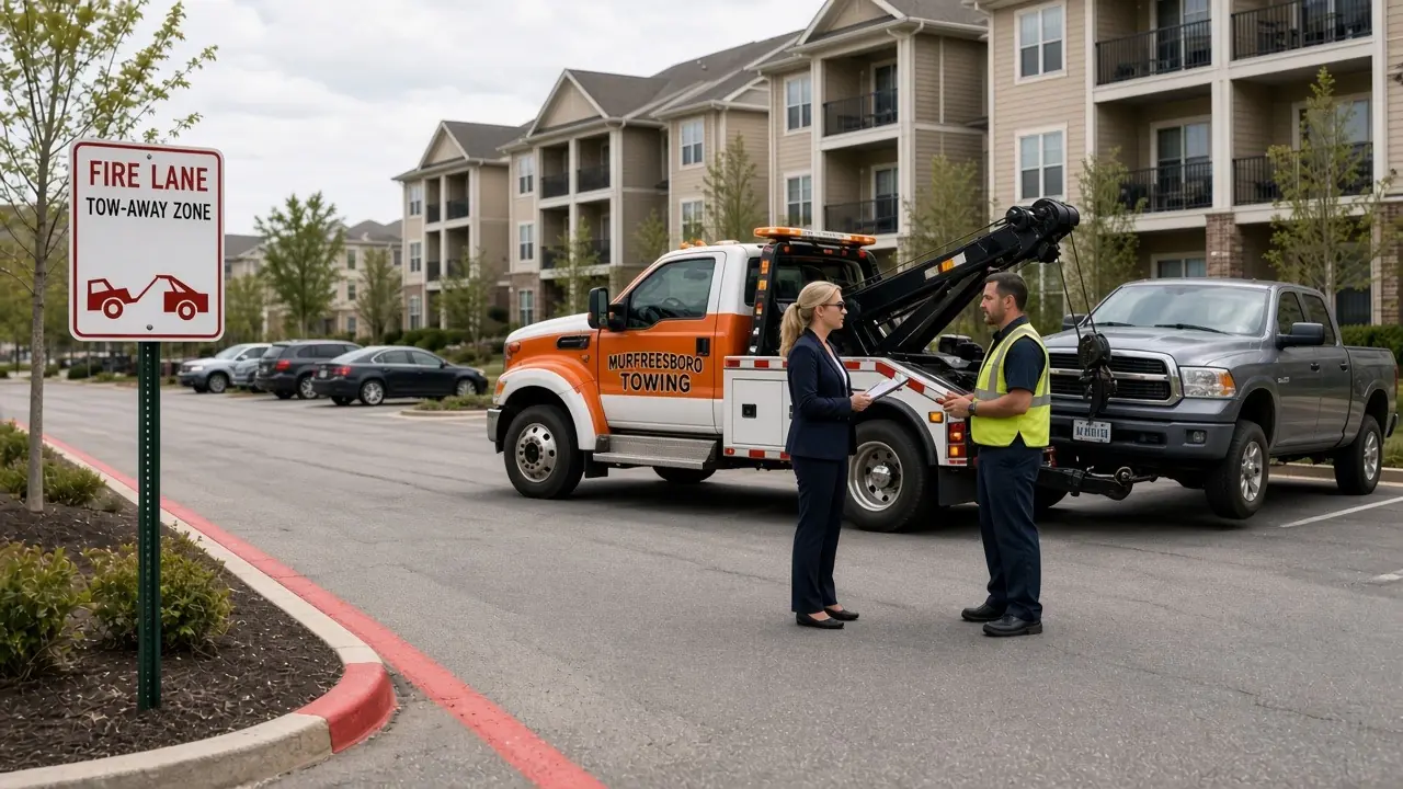 A woman and a man beside a silver sedan in a lot, with a yellow tow truck parked nearby