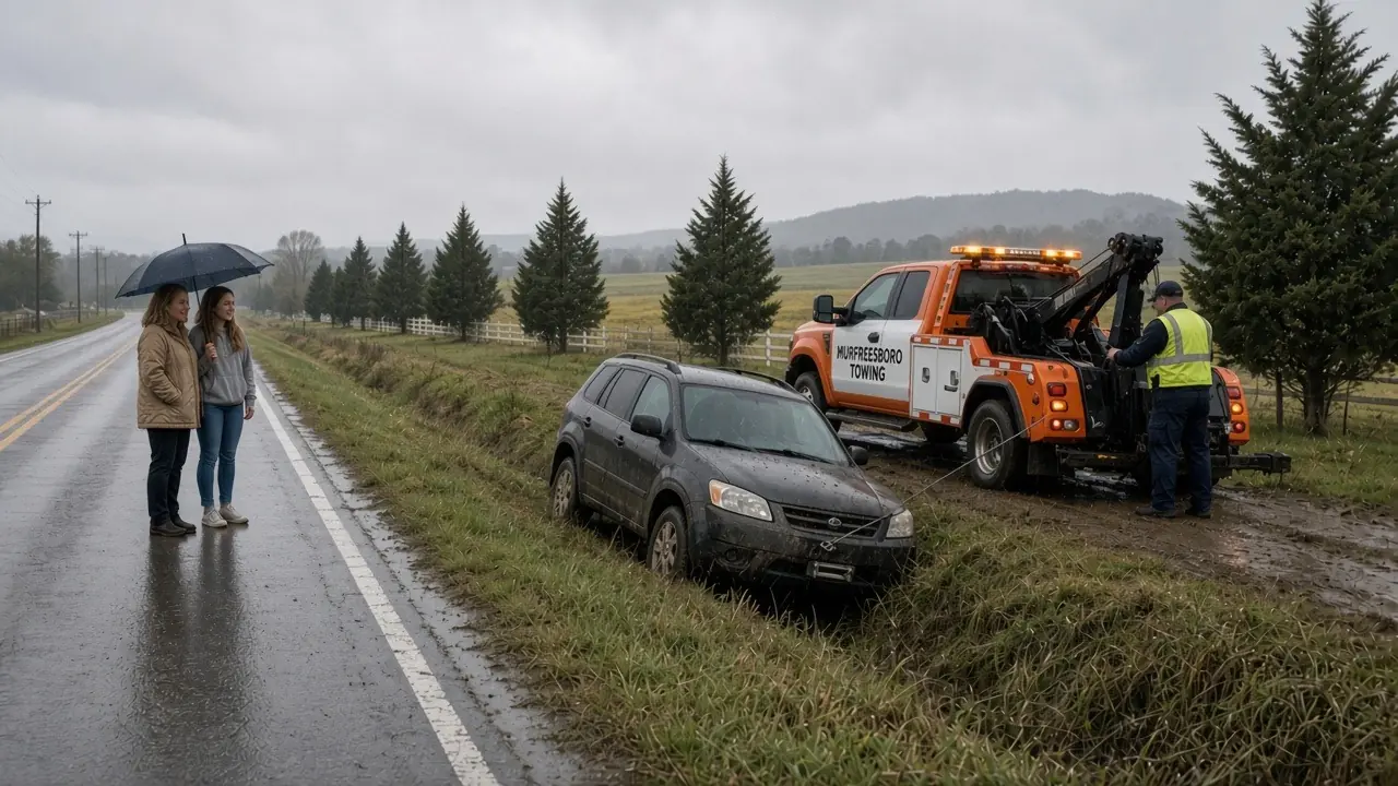 A woman and a man beside a silver sedan off the pavement while a yellow tow truck sets up a winch